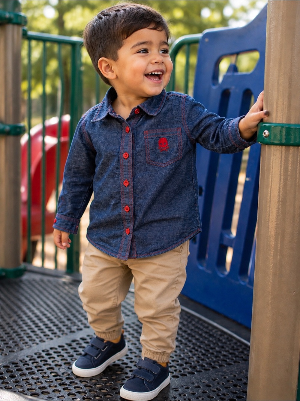 Monica baby blu Japanese Denim Button-Down Shirt with Red Details